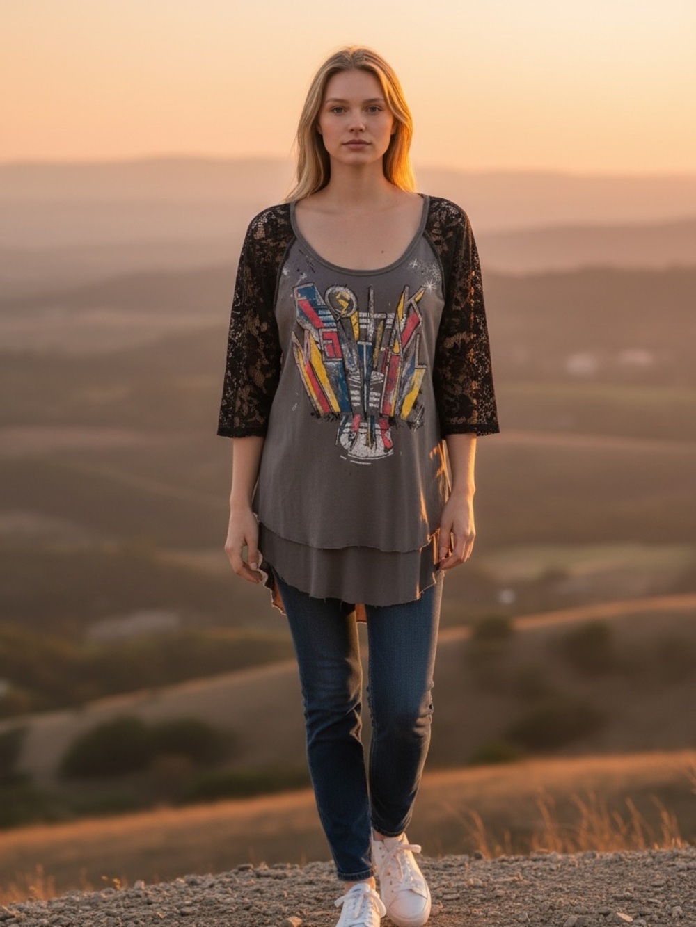 We The Free Gray Layered Graphic Tunic with Black Lace Sleeves